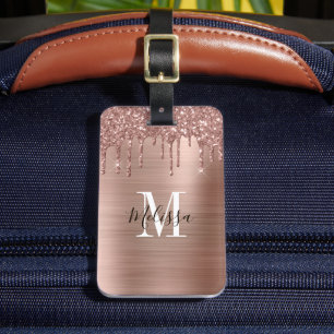 Monogrammed Rose Gold Glitter Drip Brushed Metal Luggage Tag