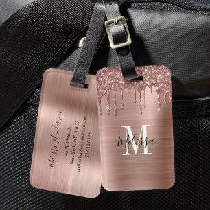 Monogrammed Rose Gold Glitter Drip Brushed Metal  Luggage Tag