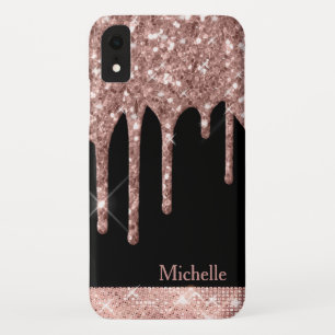 Monogrammed Rose Gold Glitter Drips on Black Case-Mate iPhone Case