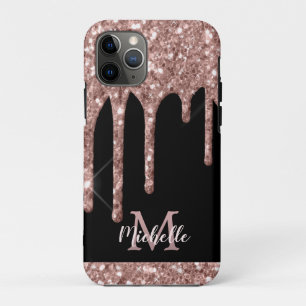 Monogrammed Rose Gold Glitter Drips on Black Case-Mate iPhone Case