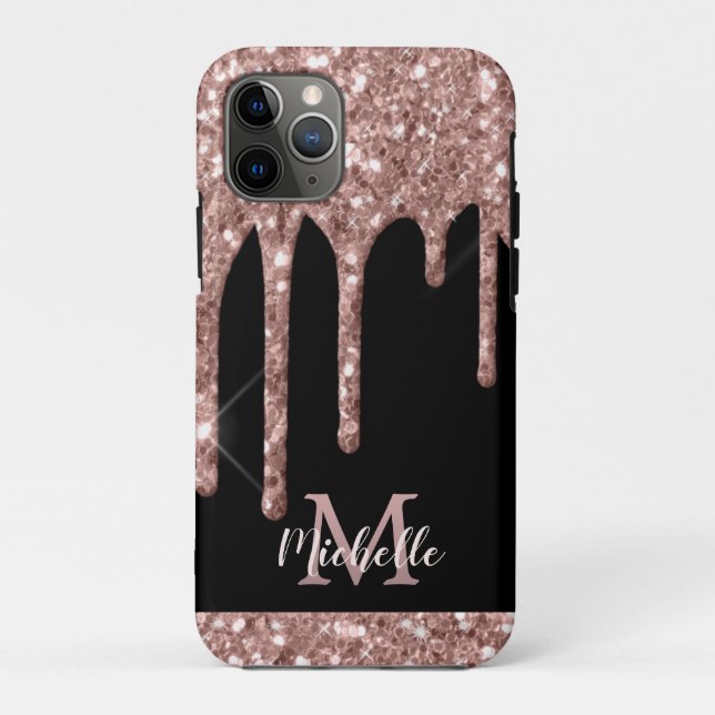 Monogrammed Rose Gold Glitter Drips on Black Case-Mate iPhone Case (Back)