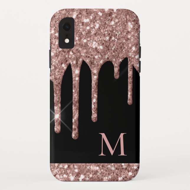 Monogrammed Rose Gold Glitter Drips on Black Case-Mate iPhone Case (Back)