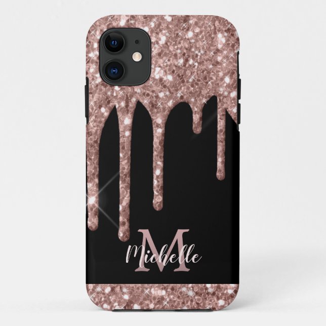 Monogrammed Rose Gold Glitter Drips on Black Case-Mate iPhone Case (Back)