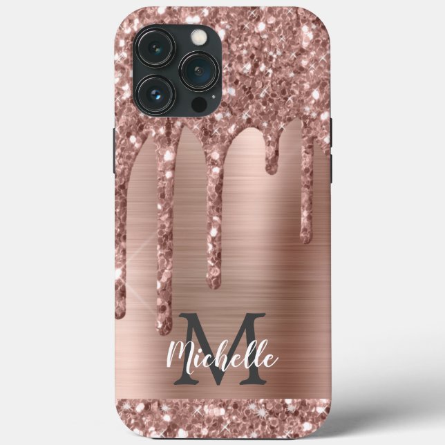 Monogrammed Rose Gold Glitter Drips on Pink Metal  Case-Mate iPhone Case (Back)