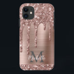 Monogrammed Rose Gold Glitter Drips on Pink Metal Case-Mate iPhone Case<br><div class="desc">Modern,  girly rose gold glitter drips name and monogrammed iphone case. This design features blush pink rose gold glitter sparkle drips on pink brushed metal background with custom personalised monogram initial and first name text template. Perfect feminine gift. If you need help or matching items,  please contact to me.</div>
