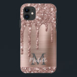Monogrammed Rose Gold Glitter Drips on Pink Metal Case-Mate iPhone Case<br><div class="desc">Modern,  girly rose gold glitter drips name and monogrammed iphone case. This design features blush pink rose gold glitter sparkle drips on pink brushed metal background with custom personalised monogram initial and first name text template. Perfect feminine gift. If you need help or matching items,  please contact to me.</div>