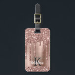 Monogrammed Rose Gold Glitter Drips on Pink Metal Luggage Tag<br><div class="desc">Modern, girly rose gold glitter drips name and monogrammed luggage tag. This design features blush pink rose gold glitter sparkle drips on pink brushed metal background with custom personalised monogram initial and first name text template. Perfect feminine gift. Please note, this design is printed photo effect. If you need help...</div>