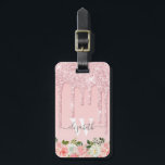 Monogrammed Rose Gold Glitter Drips Pink Floral Luggage Tag<br><div class="desc">Modern, girly rose gold glitter drips name and monogrammed design. This design features blush pink rose gold glitter sparkle drips on pink background. At the bottom blush pink watercolor rose floral arrangement. Including a custom personalised monogram initial and a first name text template in hand lettered script font. Perfect feminine...</div>