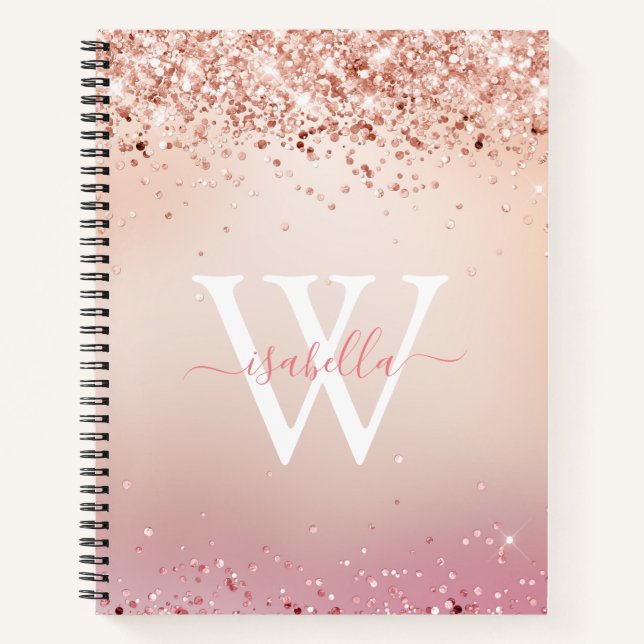 Monogrammed Rose Gold Glitter Elegant Script Name Notebook (Front)