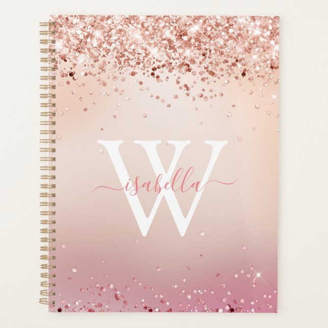 Monogrammed Rose Gold Glitter Elegant Script Name Planner (Front)