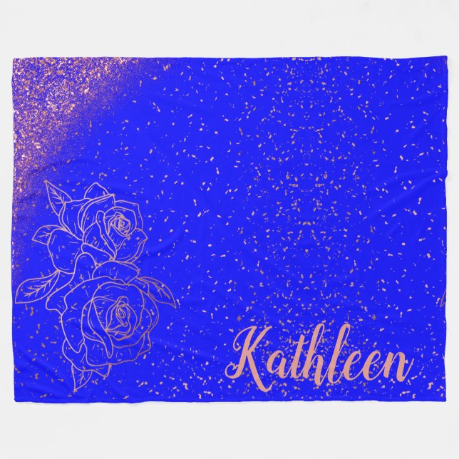 Monogrammed Rose Gold Pink Roses on Blue |  Fleece Blanket (Front (Horizontal))