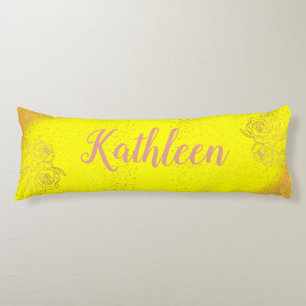 Monogrammed Rose Gold Pink Roses on Yellow    Body Cushion