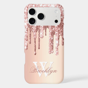 Monogrammed Rose Gold Sparkle Glitter Drips Case-