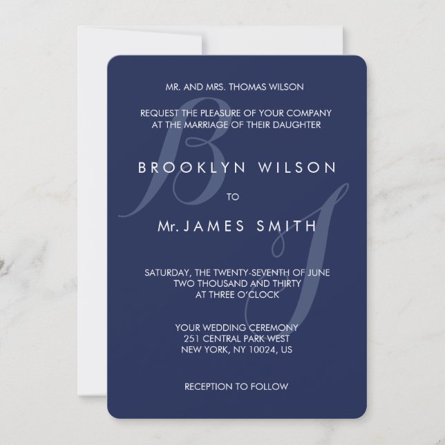 Monogrammed Round Navy Blue Wedding Invitations (Front)