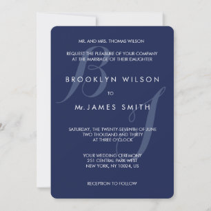 Monogrammed Round Navy Blue Wedding Invitations