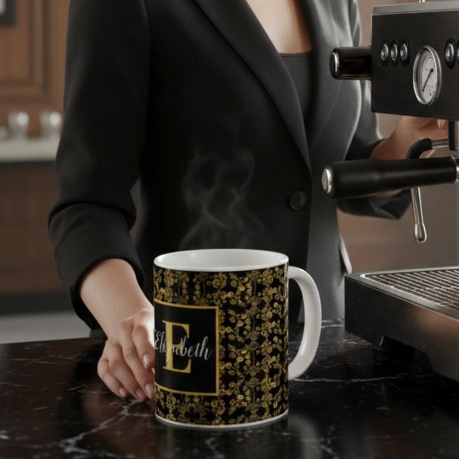 Monogrammed Royal Black & Gold Floral Damask Coffee Mug (Creator Uploaded)