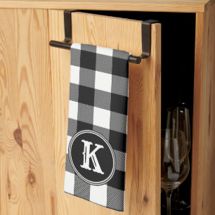 Monogrammed Rustic Black White Buffalo Plaid Tea Towel