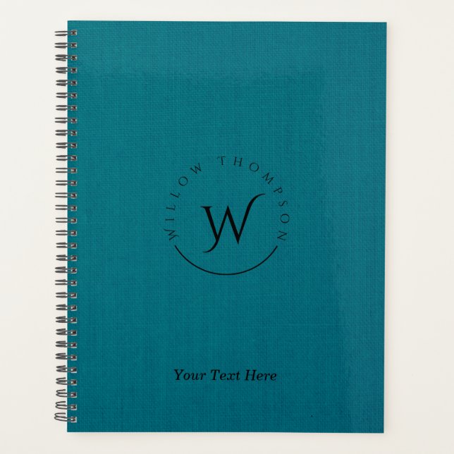 Monogrammed Rustic Blue Linen Elegant Script  Planner (Front)