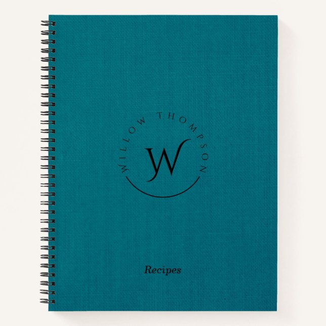 Monogrammed Rustic Blue Linen Script Recipe Notebook (Front)