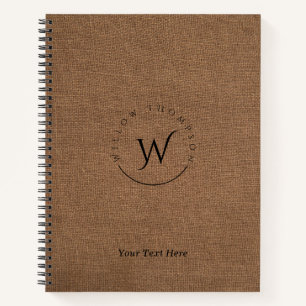 Monogrammed Rustic Brown Linen Elegant Script  Notebook