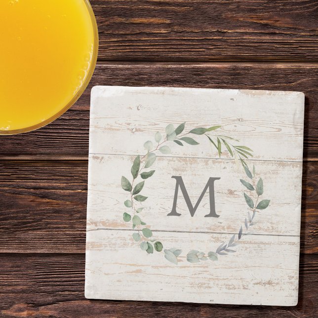 Monogrammed Rustic Green Sage Leaf Wreath Stone Coaster (In situ)