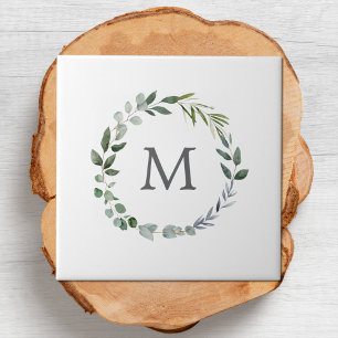 Monogrammed Rustic Green Sage Leaf Wreath Tile