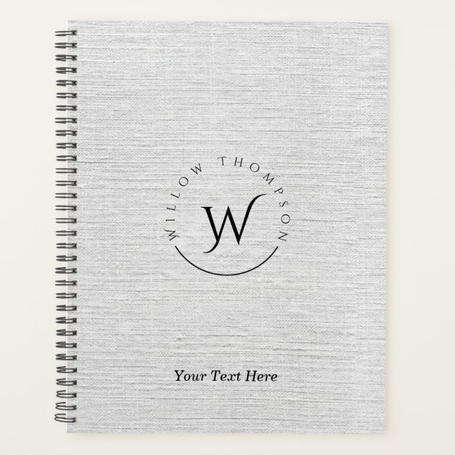 Monogrammed Rustic Grey Linen Elegant Script  Planner (Front)