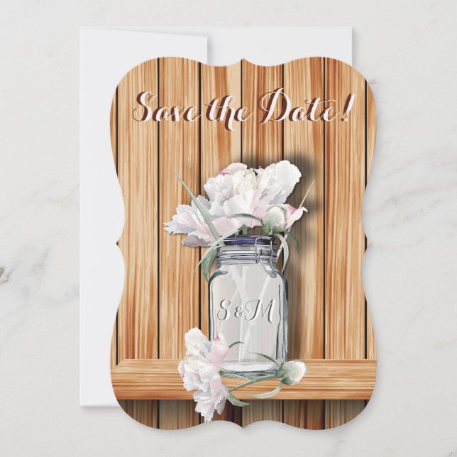 Monogrammed Rustic Mason Jar and Pink Peonies Save The Date (Front)