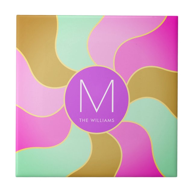 Monogrammed Rustic Retro Colourful Sun Wave Tile (Front)