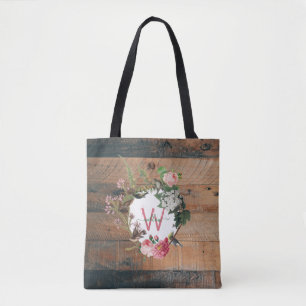 Monogrammed Rustic Wood Flowers Tote Bag