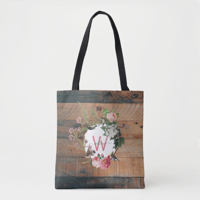Monogrammed Rustic Wood Flowers Tote Bag (Front)