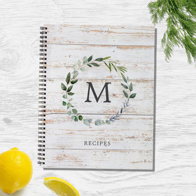 Monogrammed Rustic Wood Green Leaves Recipe Book (In situ)
