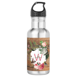 Monogrammed Rustic Wood Vintage Flowers 532 Ml Water Bottle