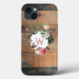 Monogrammed Rustic Wood Vintage Flowers  iPhone 13 Case