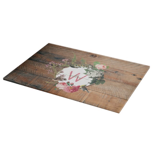 Monogrammed Rustic Wood Vintage Flowers Cutting Board (Corner)