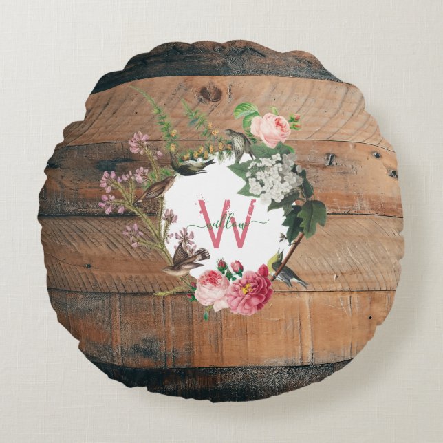 Monogrammed Rustic Wood Vintage Flowers Round Cushion (Front)