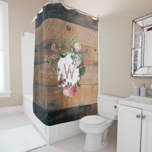 Monogrammed Rustic Wood Vintage Flowers Shower Curtain (In Situ)