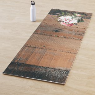 Monogrammed Rustic Wood Vintage Flowers Yoga Mat