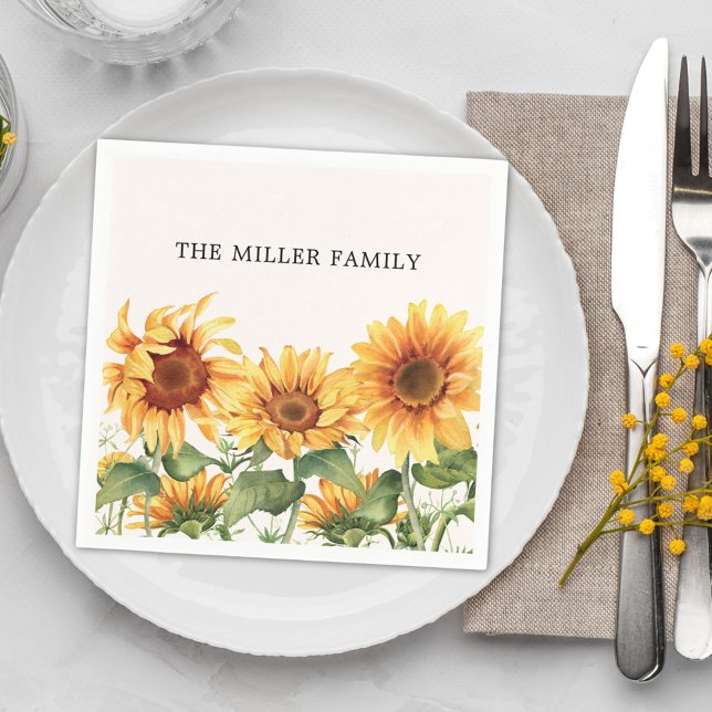 Monogrammed Rustic Yellow Sunflower Garden Napkin (In situ)