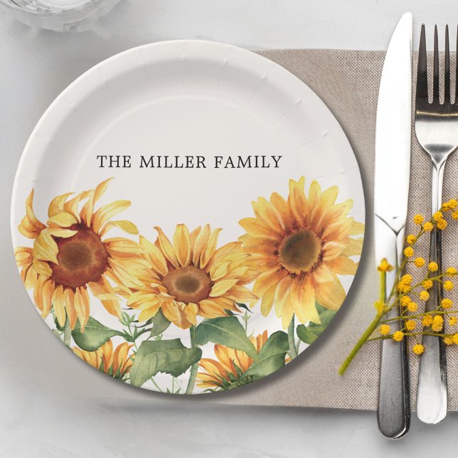 Monogrammed Rustic Yellow Sunflower Garden Paper Plate (In situ)