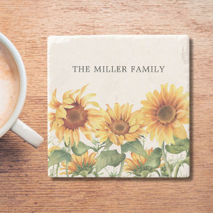 Monogrammed Rustic Yellow Sunflower Garden Stone Coaster