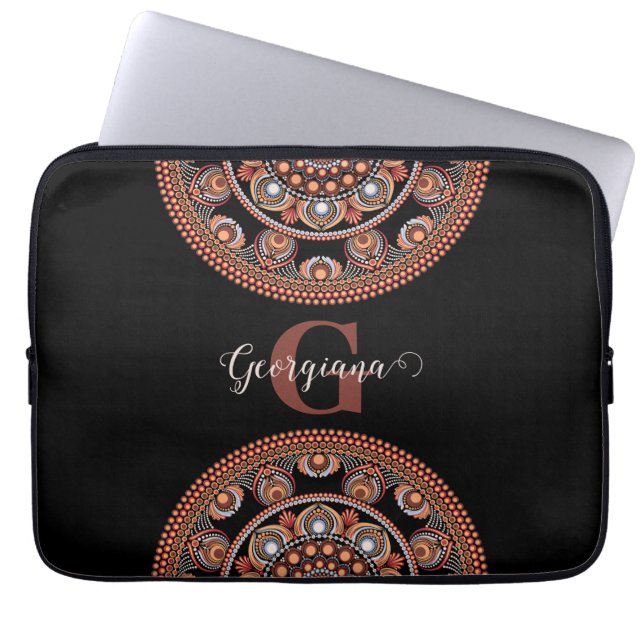 Monogrammed Safari Sunset Bohemian Dot Mandala Laptop Sleeve (Front)