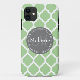Monogrammed Sage Green & Grey Quatrefoil iPhone 11 Case