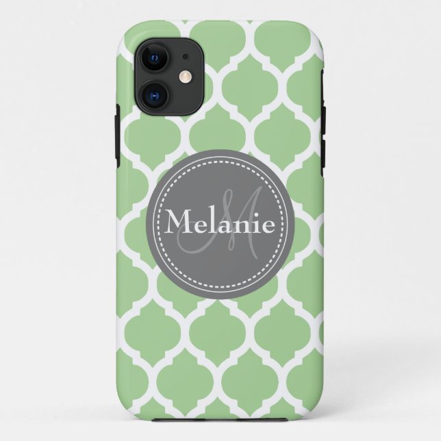 Monogrammed Sage Green & Grey Quatrefoil Case-Mate iPhone Case (Back)