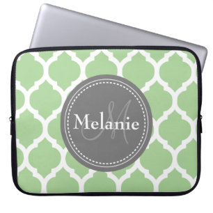 Monogrammed Sage Green & Grey Quatrefoil Laptop Sleeve