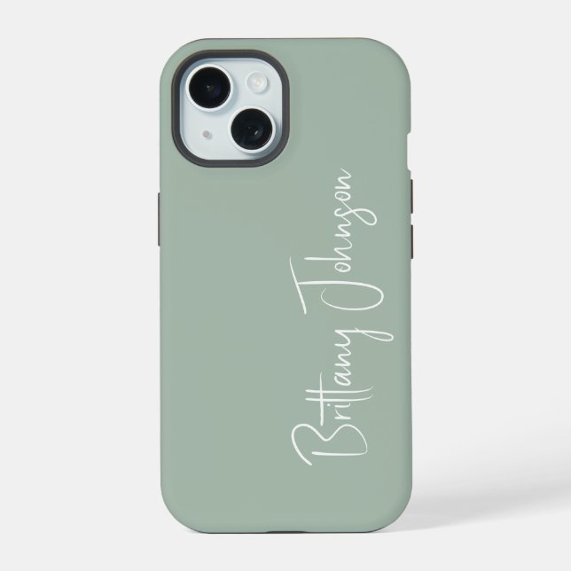 Monogrammed Sage Green iPhone 15 Case (Back)