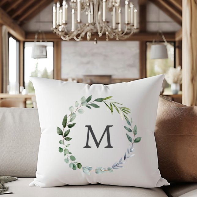 Monogrammed Sage Green Leaves Greenery Wreath  Cushion (In situ)