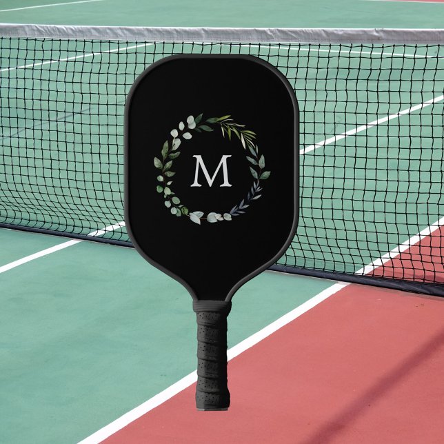 Monogrammed Sage Green Leaves Greenery Wreath  Pickleball Paddle (In situ)
