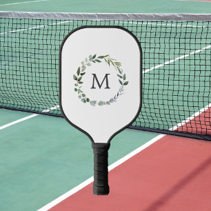 Monogrammed Sage Green Leaves Greenery Wreath Pickleball Paddle
