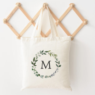 Monogrammed Sage Green Leaves Greenery Wreath Tote Bag